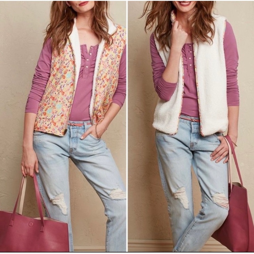 Matilda Jane Womens Reversible Sherpa Fleece Vest Size Large Floral‎ Print White